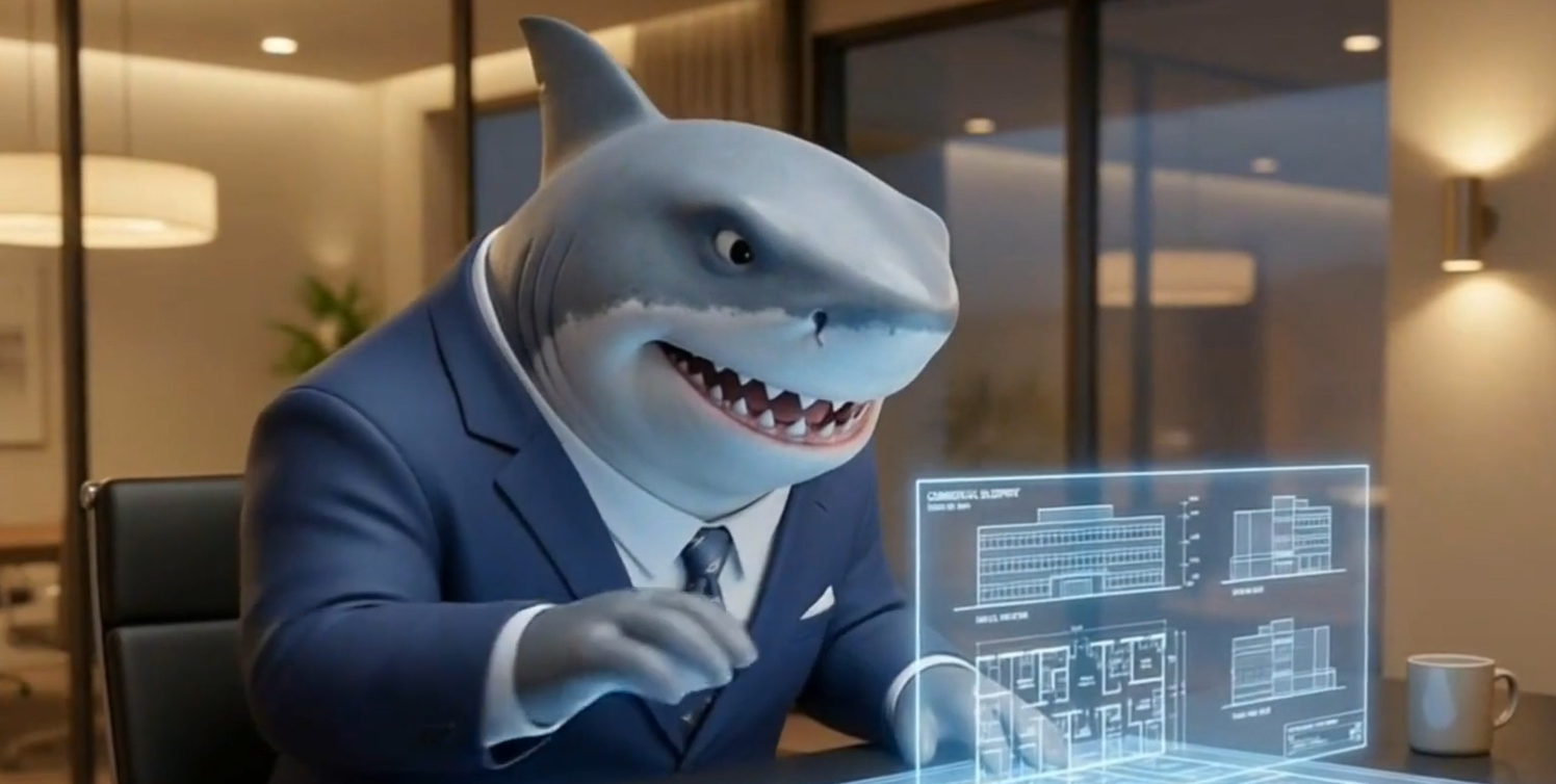 A LandShark investor working at a computer with architectural plans